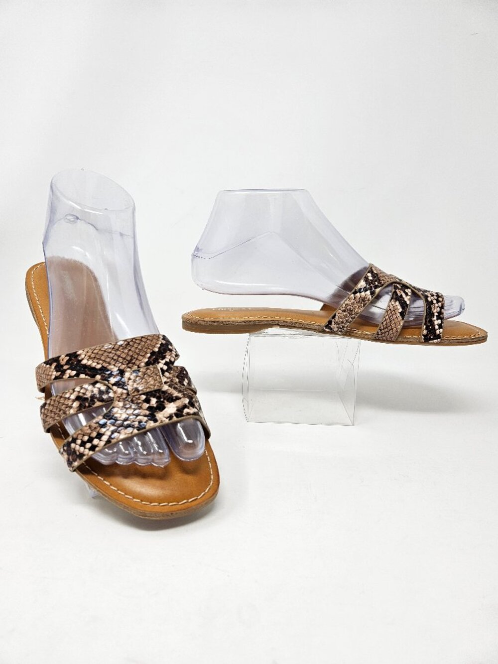 NEW Express Size 7 Vegan Brown Faux Snake Print Slip On Slides Sandals Flat READ